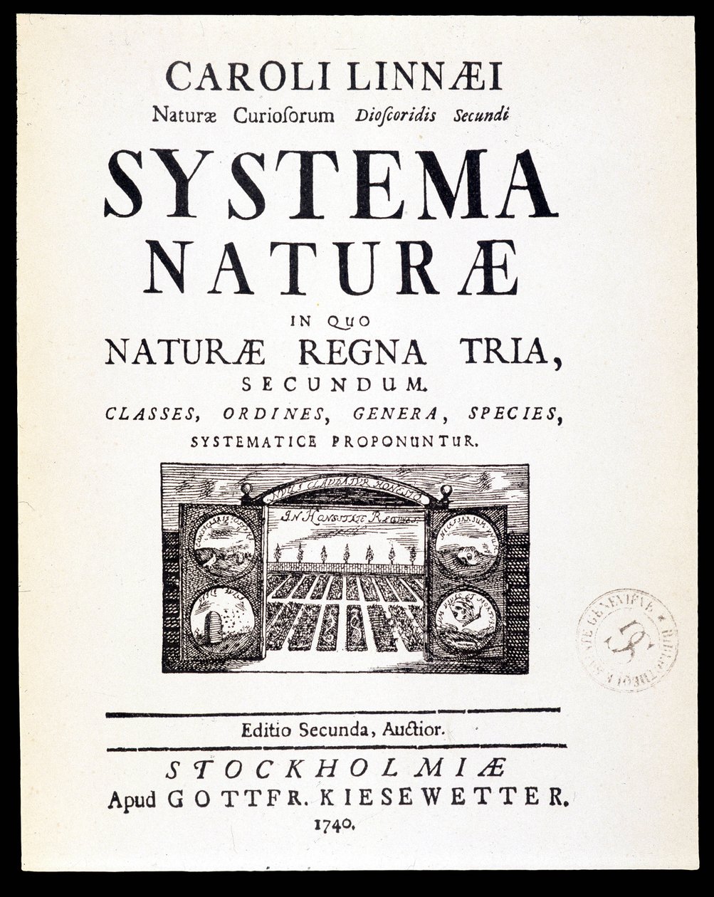 Pagina del titolo "Systema naturae" di Linné da French School