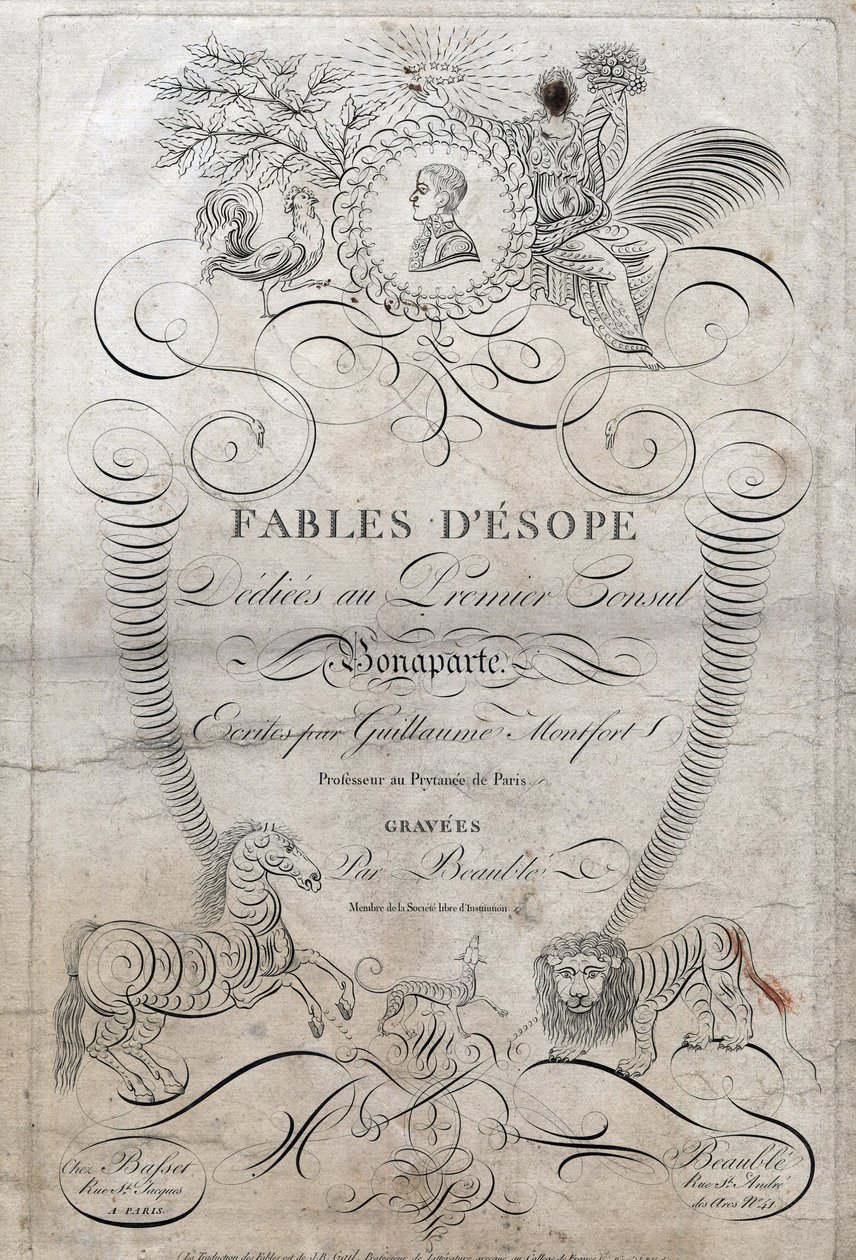 Pagina del titolo di “Favole di Esopo”. (scrittore greco Esopo, VI secolo a.C.) dedicata al primo console Bonaparte, scritta da Guillaume Montfort e incisa da Beauble nel 1801 da French School