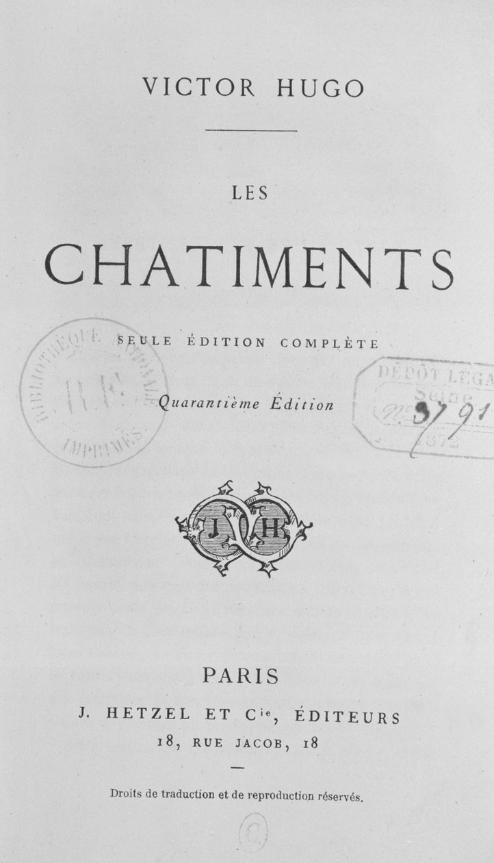 Pagina del titolo di Les Chatiments (1853) di Victor Hugo, 40ª edizione pubblicata da J. Hetzel, 1872 da French School