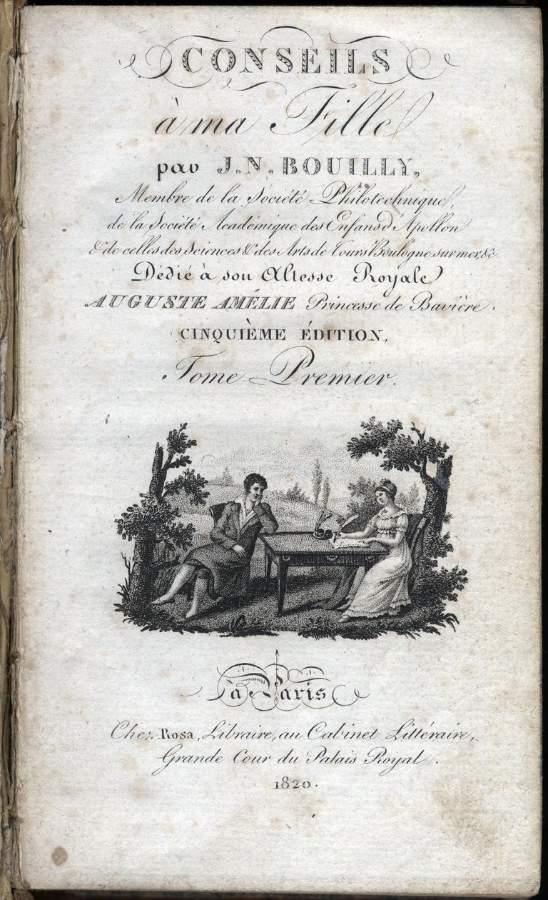 Pagina del titolo di "Consigli a mia figlia" di Jean Nicolas Bouilly (1763-1842). 1820. Collezione privata da French School