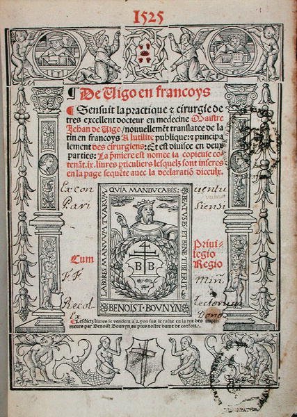 Pagina del titolo di un libro di chirurgia di Jean de Vigo (1460-1525) 1525 da French School