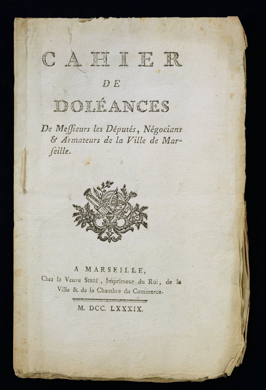 Pagina del titolo del Libro delle lamentele dei deputati, mercanti e armatori di Marsiglia, 1789 da French School