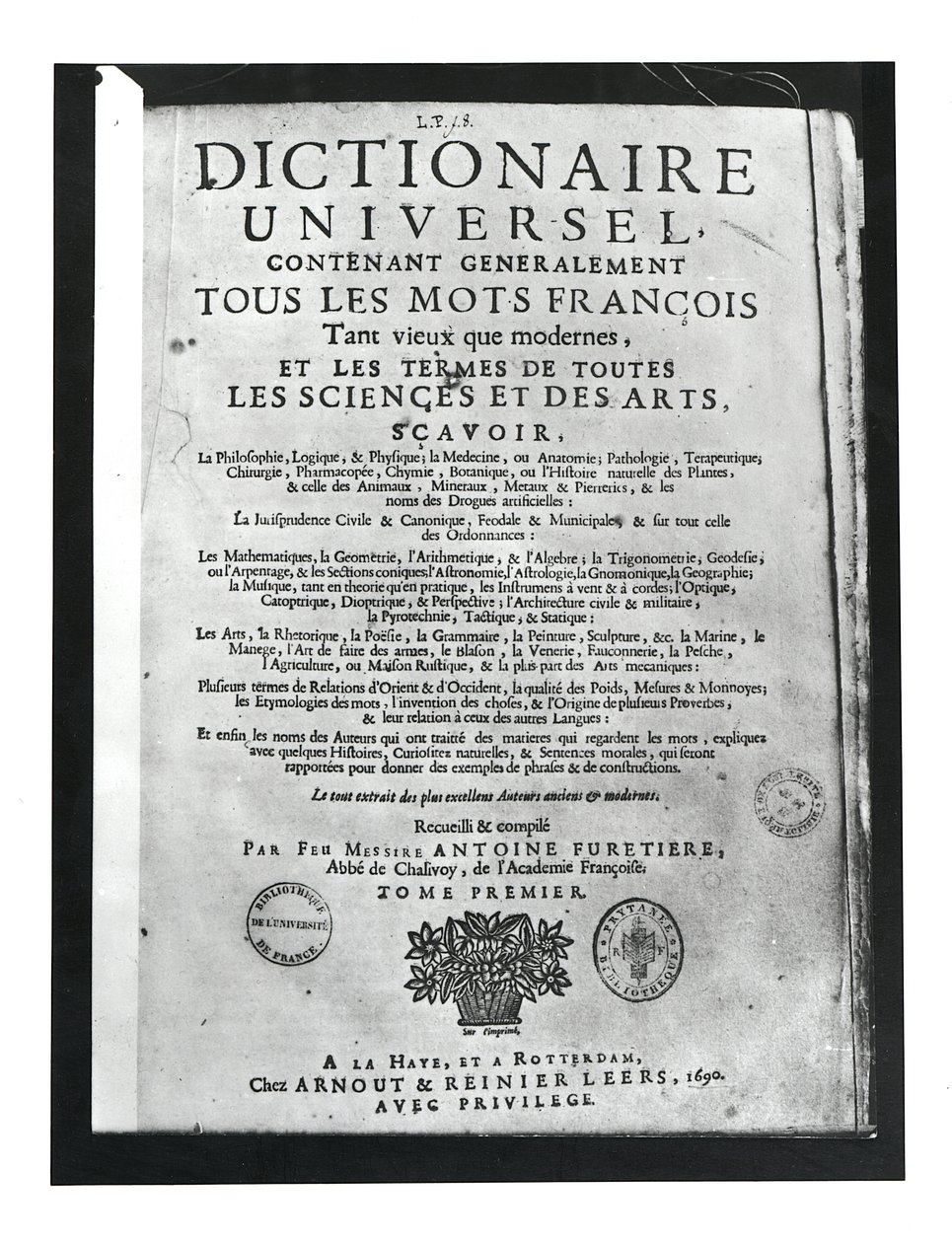 Pagina del titolo del Dictionnaire Universel di Antoine Furetiere (1619-88) 1690 da French School