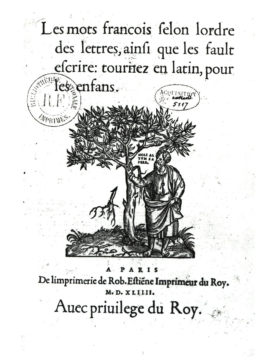 Pagina del titolo del primo dizionario francese-latino, 1544 da French School