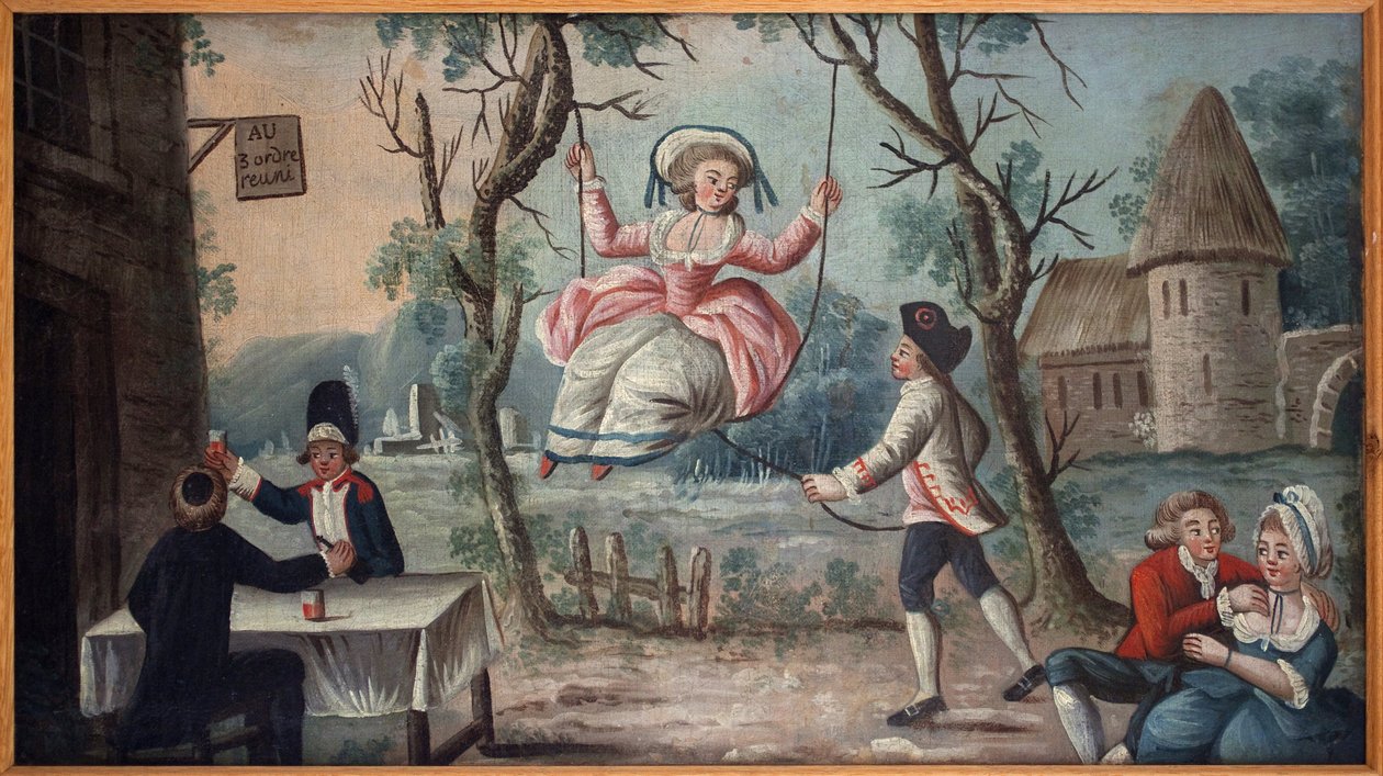 Ai tre ordini riuniti. Il Clero, la Nobiltà e il Terzo Stato riuniti in una taverna. Una giovane donna dondola. Insegna dipinta del mercante di coccarde, proveniente dal Palazzo Reale, dipinto anonimo, periodo rivoluzionario da French School