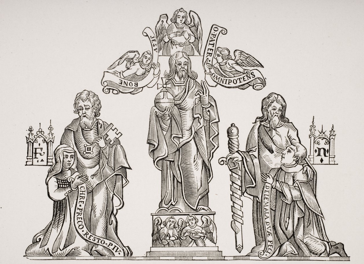 Decorazione della tomba raffigurante Nicholas Flamel (c.1330-c.1418) e sua moglie Pernelle, dopo le decorazioni nel Cimitero degli Innocenti, Parigi, da Le Moyen Age et La Renaissance di Paul Lacroix (1806-84) da French School