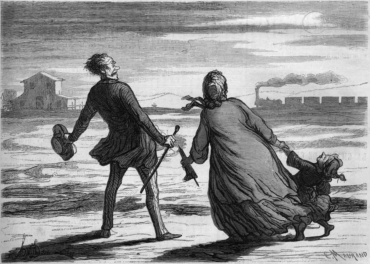 Troppo tardi! : una famiglia ha appena perso il treno. Cartone di Honoré Daumier (1808-1879). Incisione in 
