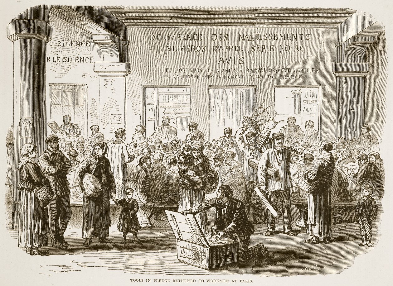 Restituzione degli attrezzi impegnati agli operai a Parigi, illustrazione da Cassells History of the War between France and Germany, 1870-1871 da French School