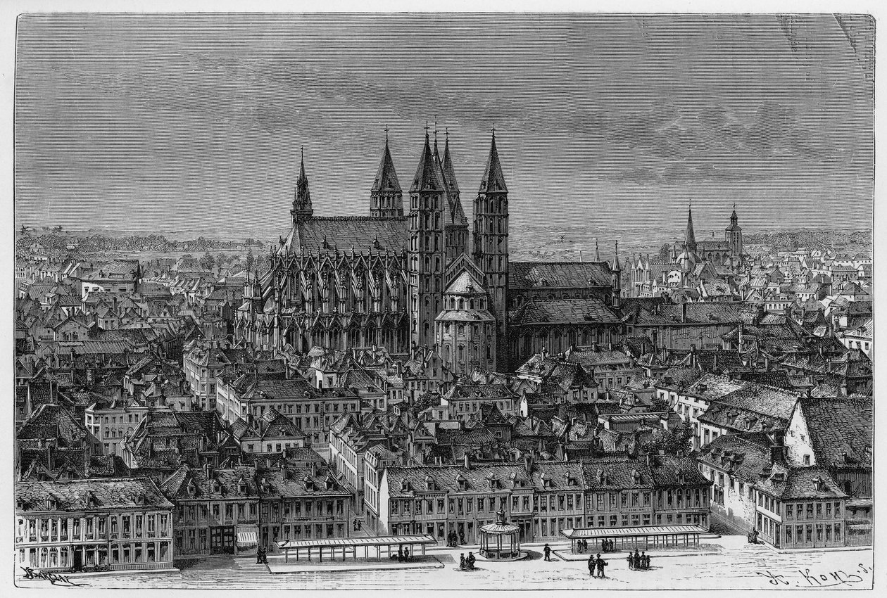 Tournai: vista esterna di Notre-Dame e panorama della città. Incisione di Barclay, per illustrare la storia 
