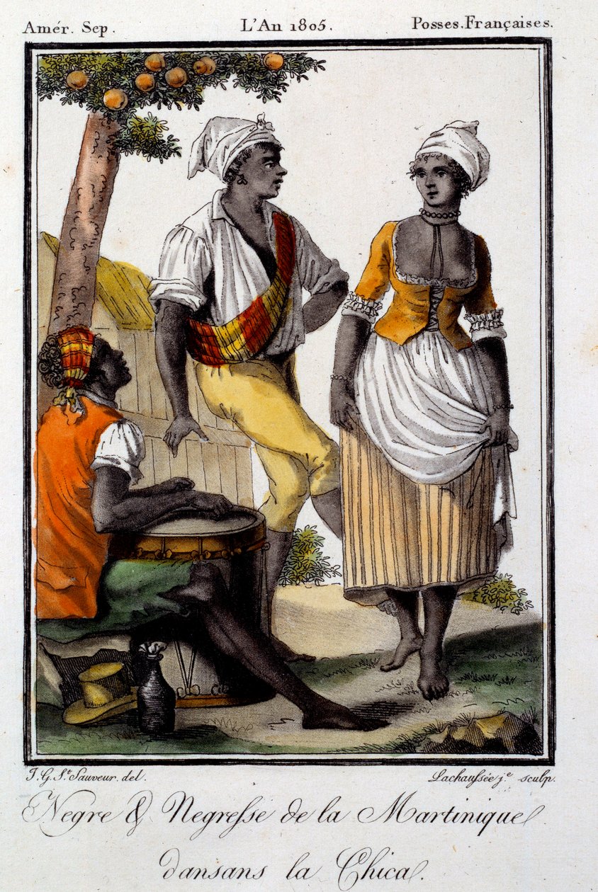 Danza tradizionale: abitanti della Martinica che ballano la chica. Incisione del 1805 da French School