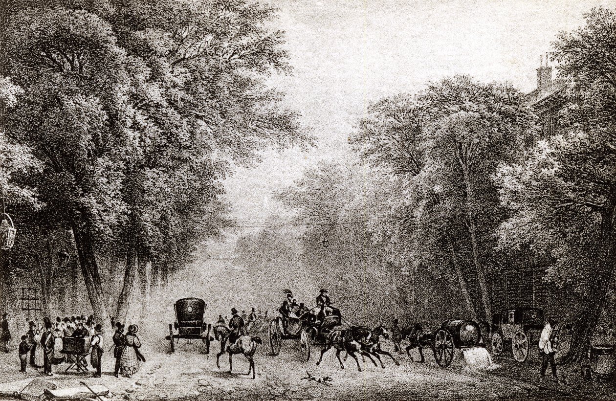 Traffico a Parigi, Francia, nel XIX secolo, circa 1830 da French School