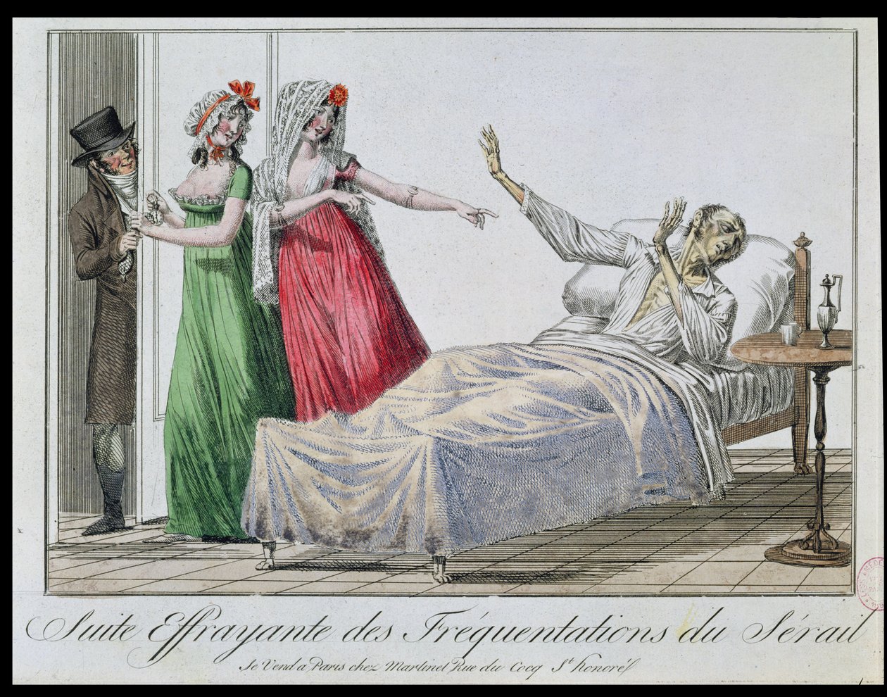 Conseguenza tragica della frequentazione dei bordelli, caricatura di un sifilitico, c.1800 (incisione a colori) da French School
