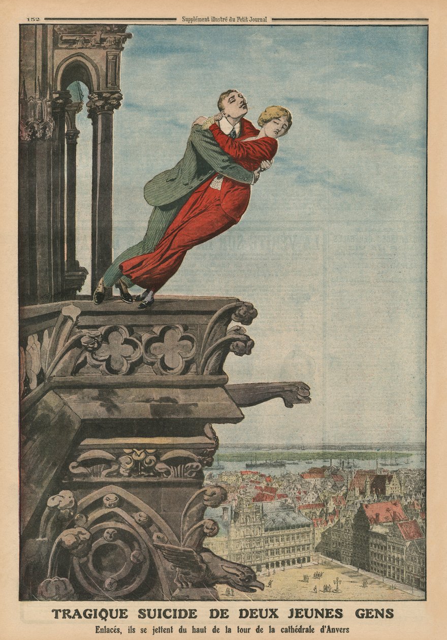 Suicidio tragico di due giovani dalla torre della cattedrale di Anversa, illustrazione di copertina da 