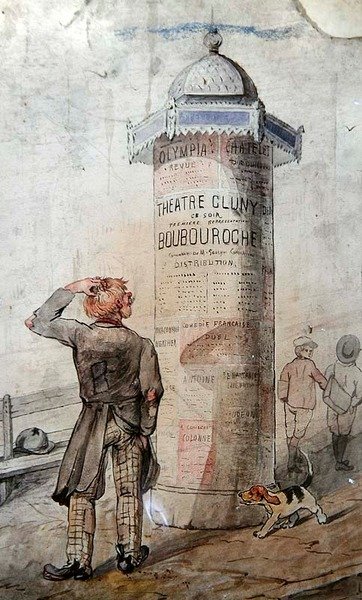 Vagabondo che guarda un poster pubblicitario della commedia di Courteline 