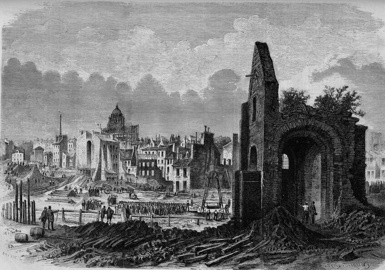 Trasformazioni di Parigi sotto il Secondo Impero, Parigi haussmanniana: rovine della chiesa di San Marcel, sulla piazza della Collegiata, scoperte durante la costruzione del boulevard Arago da French School