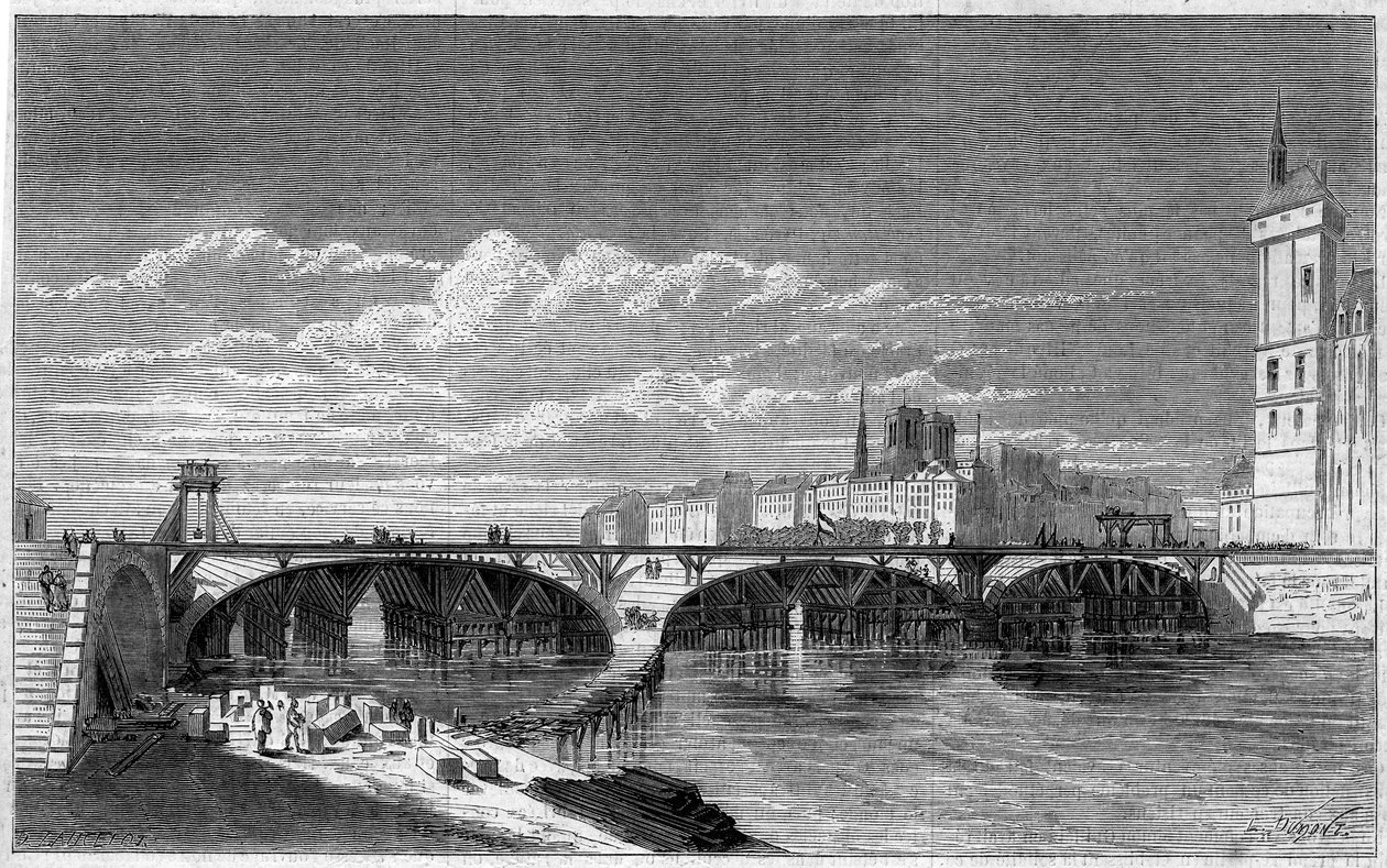 Trasformazioni di Parigi sotto il Secondo Impero, Haussmann Parigi: veduta del Pont au Change durante la sua ricostruzione. Incisione in "Le Monde Illustré" n.16 del 7 luglio 1860 da French School