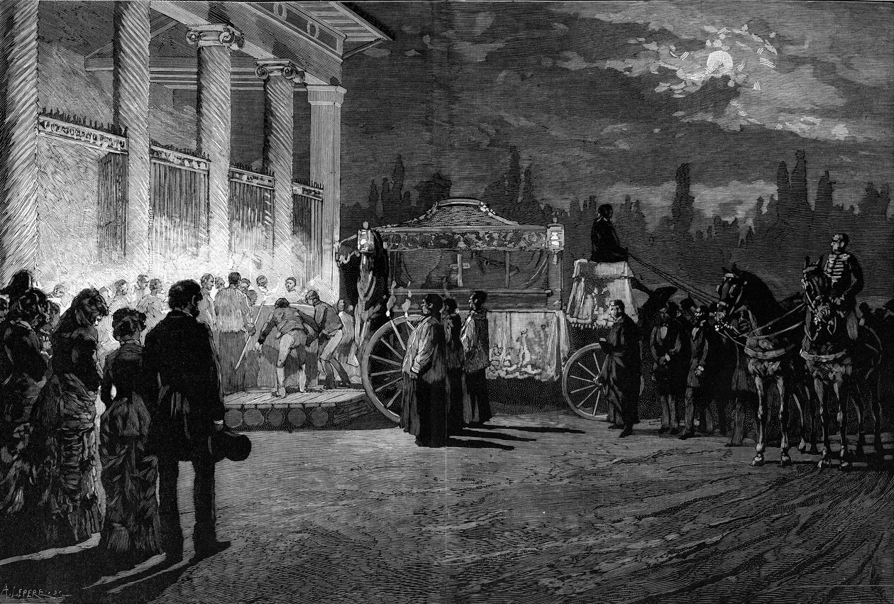 Traslazione delle ceneri di Papa Pio IX (1792-1878): arrivo del corteo alla Chiesa di San Lorenzo a Roma il 12 luglio 1881. Incisione di Pelicer in 