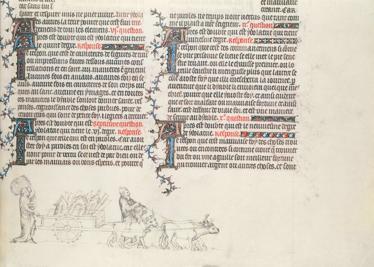 Trasporto di beni su un carro trainato da buoi, miniatura incompiuta dalla Bibbia di Jean de Sy, c.1355 da French School