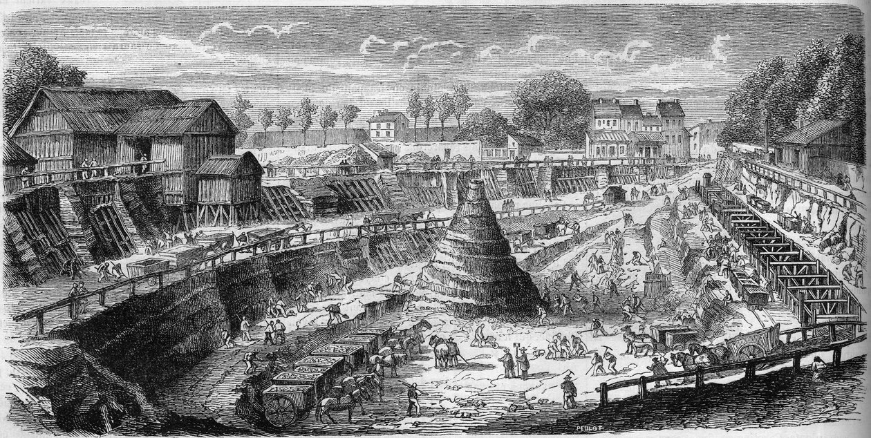 Lavori eseguiti a Menilmontant per scavare il grande serbatoio delle acque della Dhuis che servirà ad alimentare Parigi con acqua potabile da French School