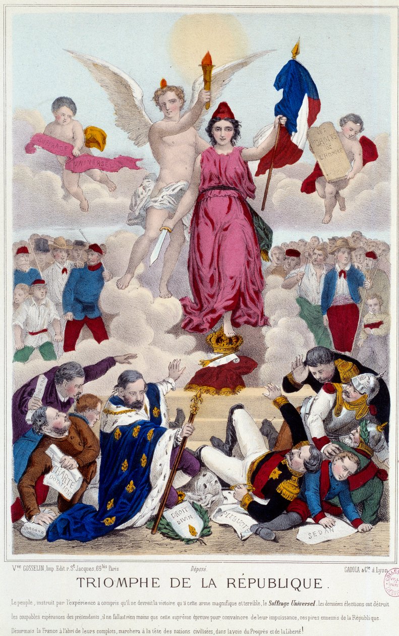 Trionfo della repubblica, incisione del 1875. Allegoria sul suffragio universale che distrugge i nemici della repubblica da French School