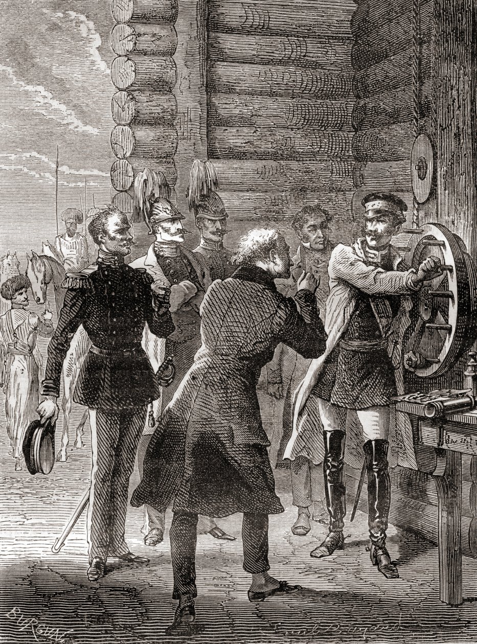 Lo zar Nicola I inaugura la linea telegrafica a semaforo tra Mosca e Varsavia nel 1833, utilizzando una modifica del sistema a semaforo di Claude Chappe, da Les Merveilles de la Science, pubblicato c.1870 da French School