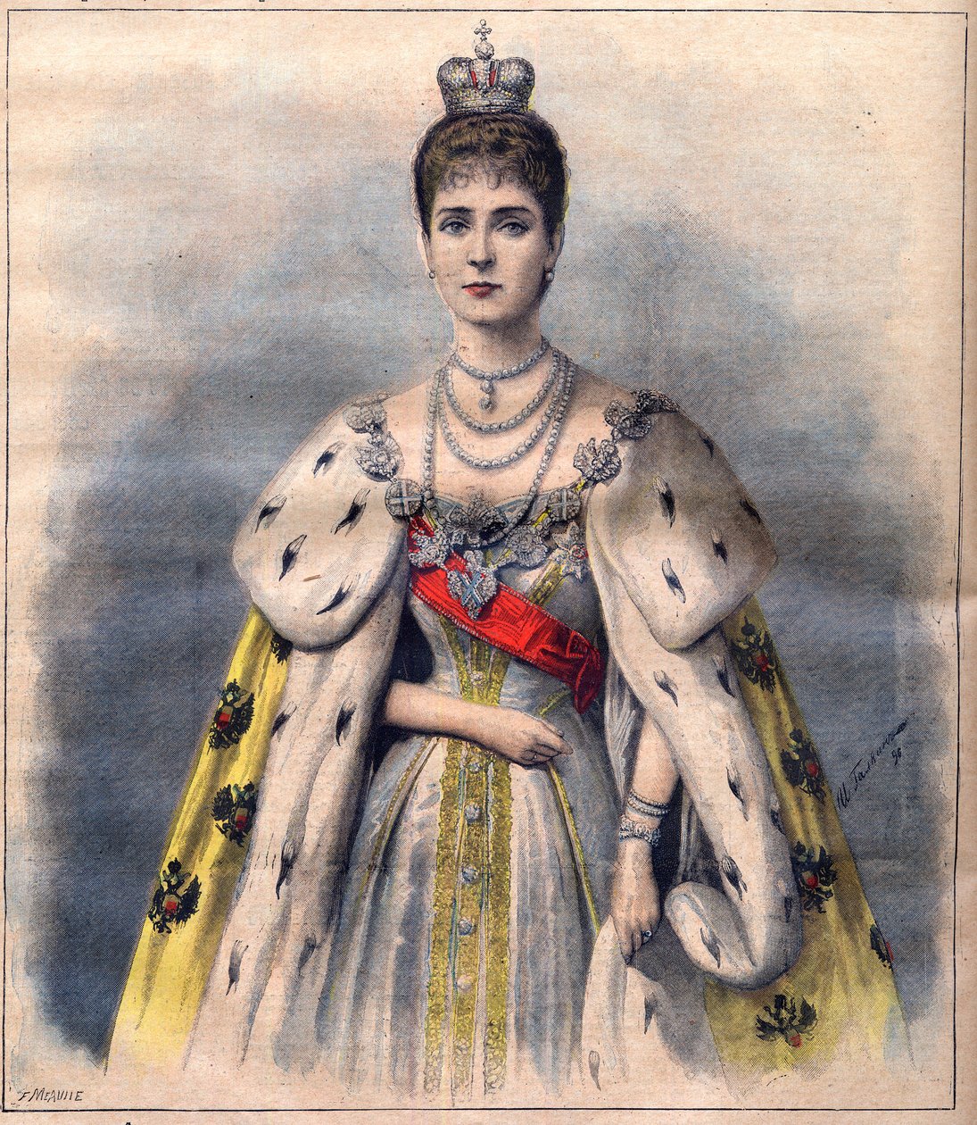 La zarina Alessandra di Russia nei suoi abiti di incoronazione. Illustrazione per Le Petit Journal, 24 maggio 1896 (incisione) da French School