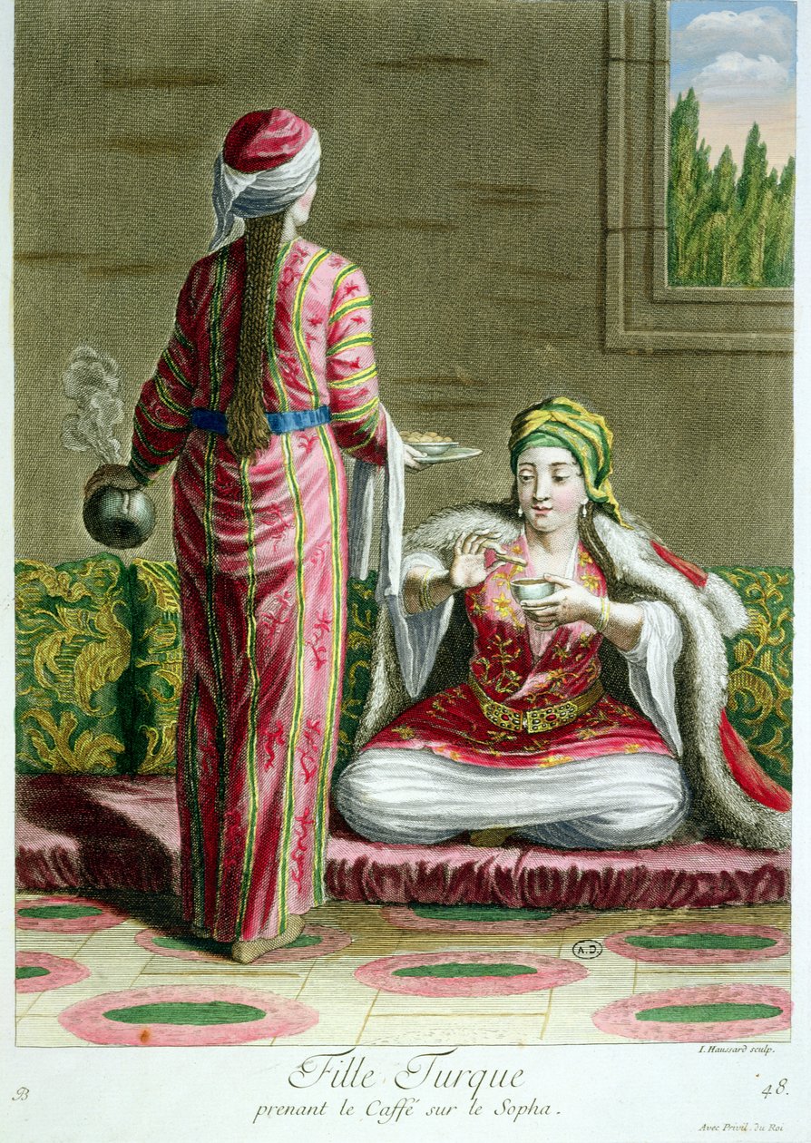 Ragazza turca che beve caffè sul divano, dalla Collezione di Stampe di Costumi del Levante, inciso da I. Haussard, 1707-08 da French School