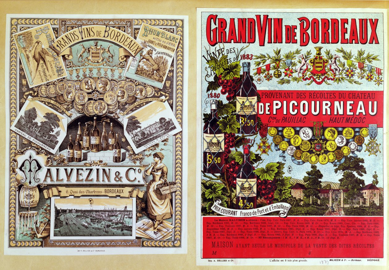 Due pubblicità per Malevezin e Company distributori e il vigneto Chateau de Picourneau, dalla regione di Bordeaux, fine XIX secolo da French School