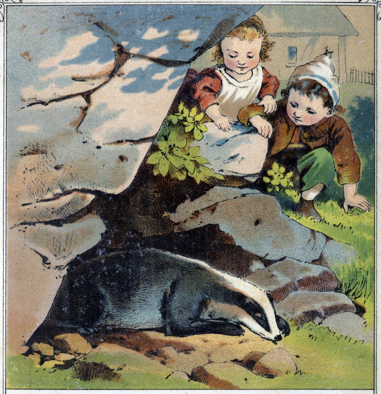 Due bambini osservano un tasso nella sua tana. Da 