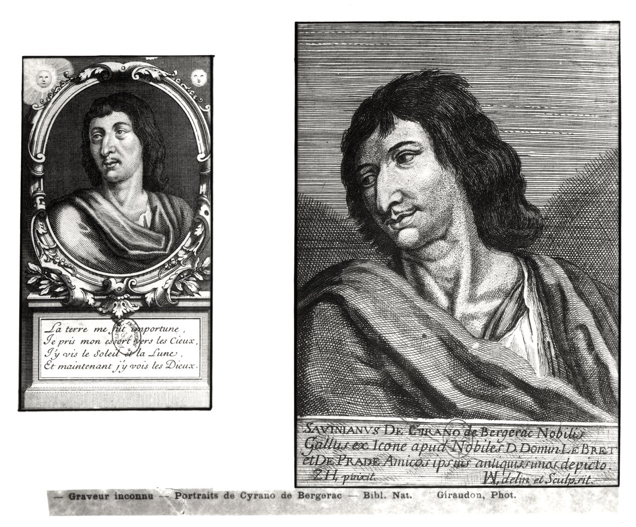 Due ritratti di Savinien Cyrano de Bergerac (1619-55), a destra dopo Zacharie Heince (1611-69) da French School
