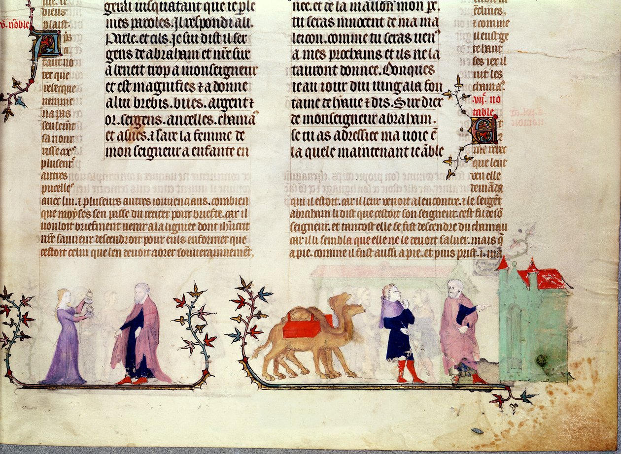 Due scene della storia di Rebecca al pozzo, dalla Bibbia di Jean de Sy, c.1355 da French School
