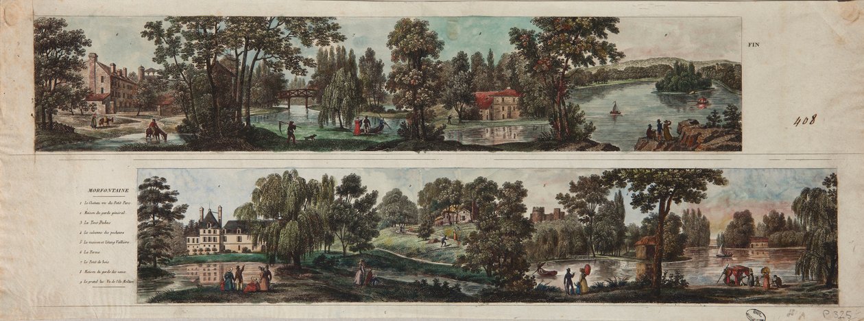 Due vedute del Parco di Mortefontaine con didascalie (incisione con acquerello su carta) da French School