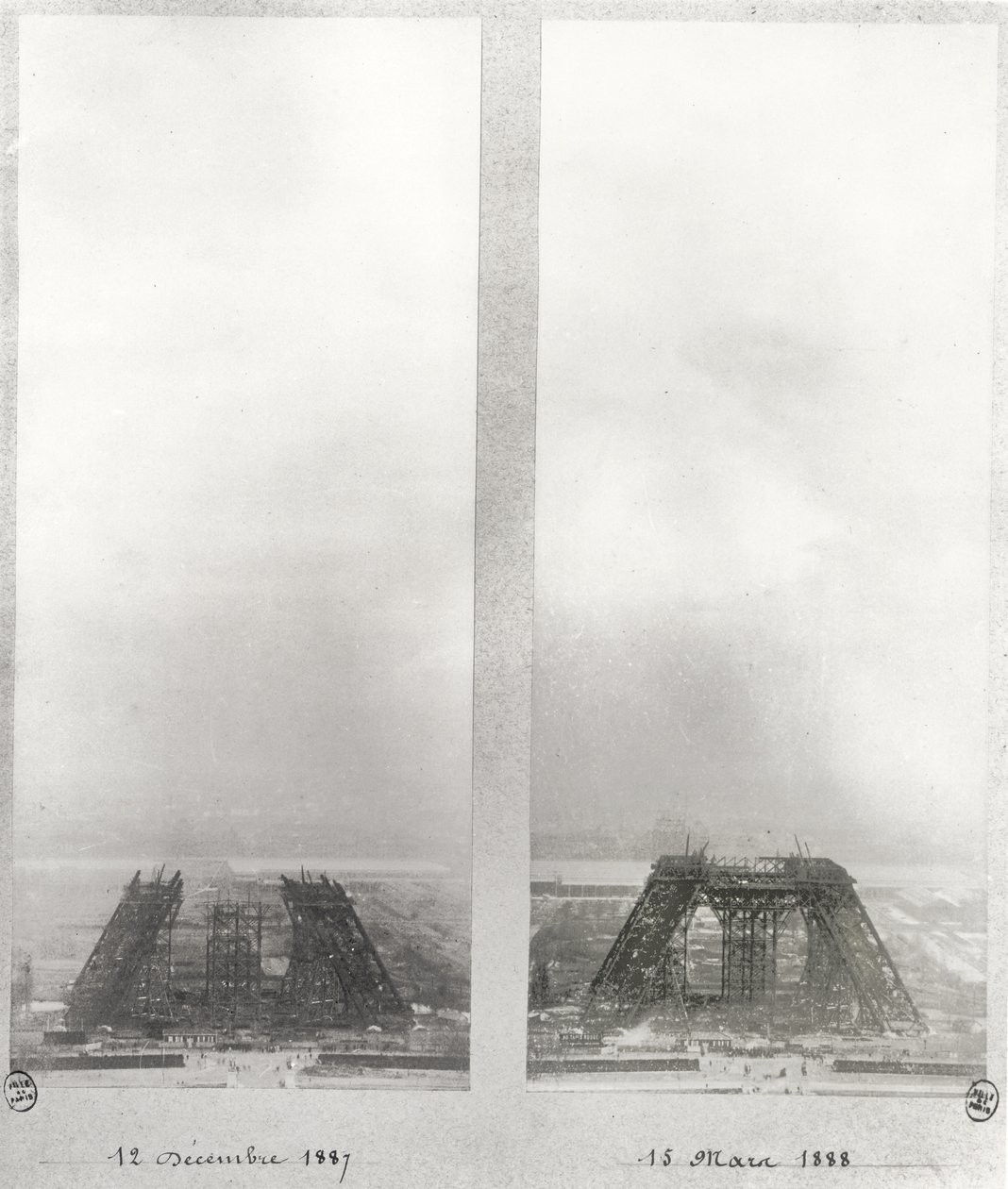 Due vedute della costruzione della Torre Eiffel, Parigi, 12 dicembre 1887 e 15 marzo 1888 da French School