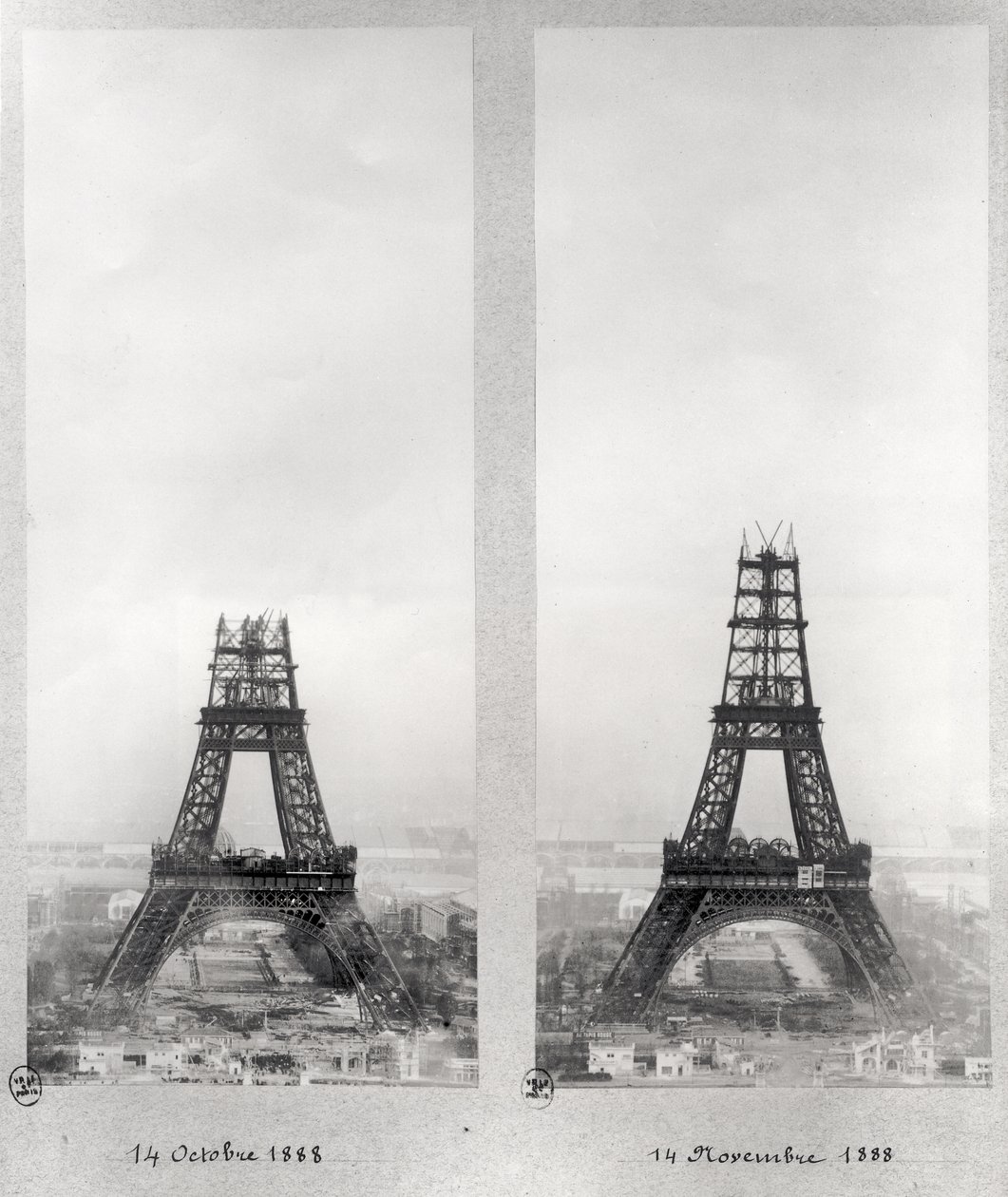 Due vedute della costruzione della Torre Eiffel, Parigi, 14 ottobre e 14 novembre 1888 da French School