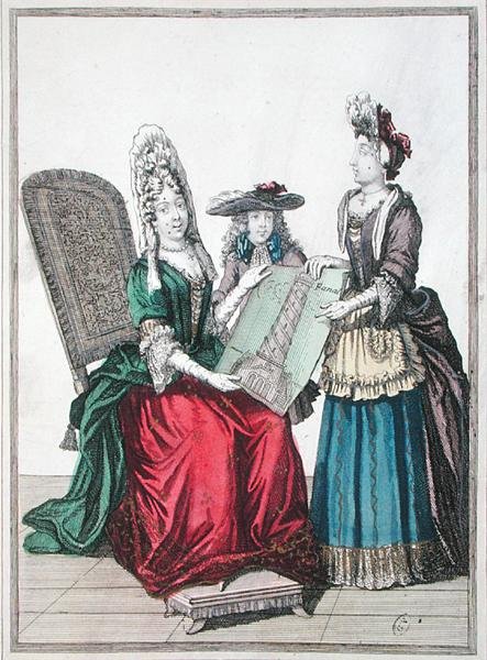 Due donne e un ragazzo che ammirano una stampa del Grande Faro di Alessandria, fine XVII secolo da French School