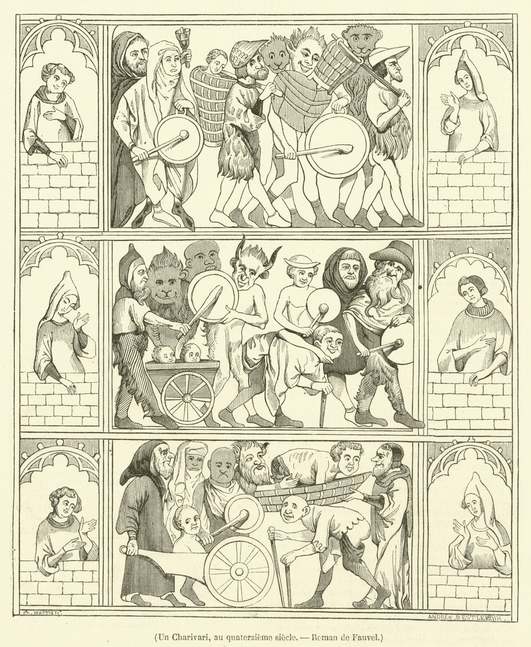 Un Charivari, au quatorzieme siecle, Roman de Fauvel (incisione) da French School
