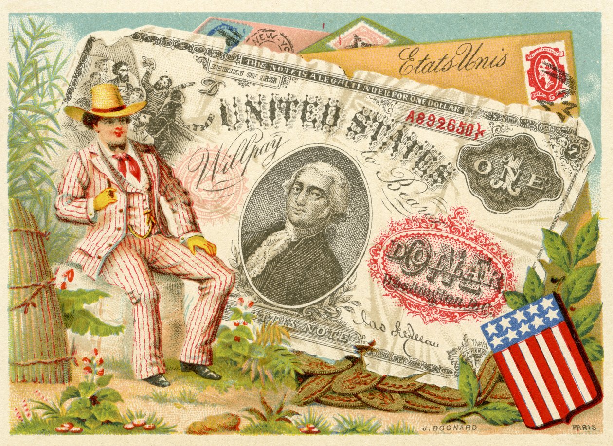 Zio Sam seduto accanto a una banconota da un dollaro, da una serie di carte promozionali sulle valute in diversi paesi, pubblicata a Parigi da Bognard per uso di grandi magazzini e produttori, 1886-9 da French School