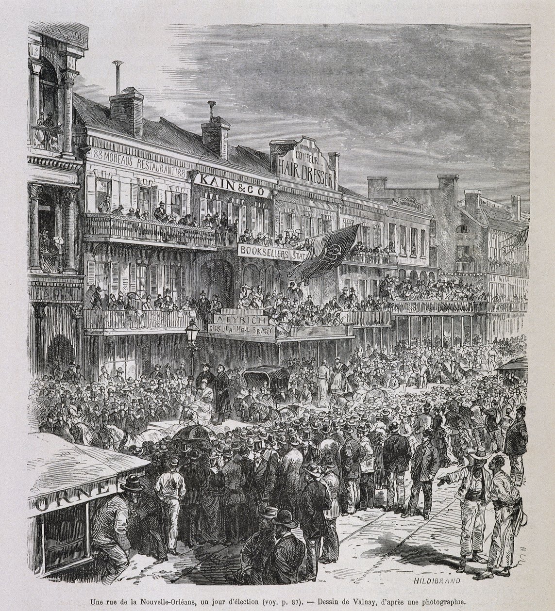 Una strada di New Orleans il giorno delle elezioni 1875 - in "Il Giro del Mondo", 2° semestre 1876 da French School