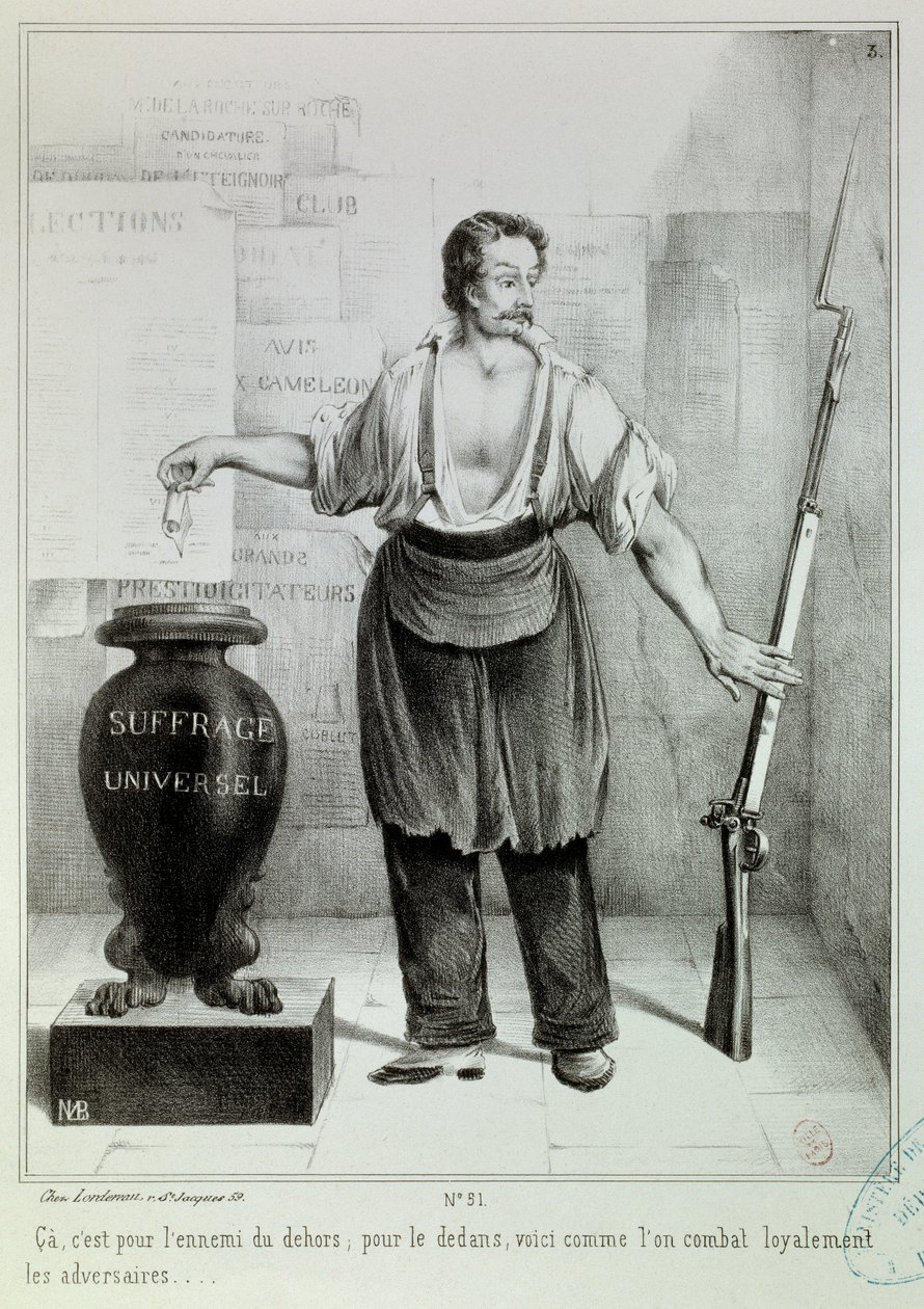 Suffragio universale: il voto o il fucile. Il voto deve combattere il nemico invece del fucile. Incisione di M.L. Bosredon, aprile 1848. Parigi, Museo Carnavalet da French School