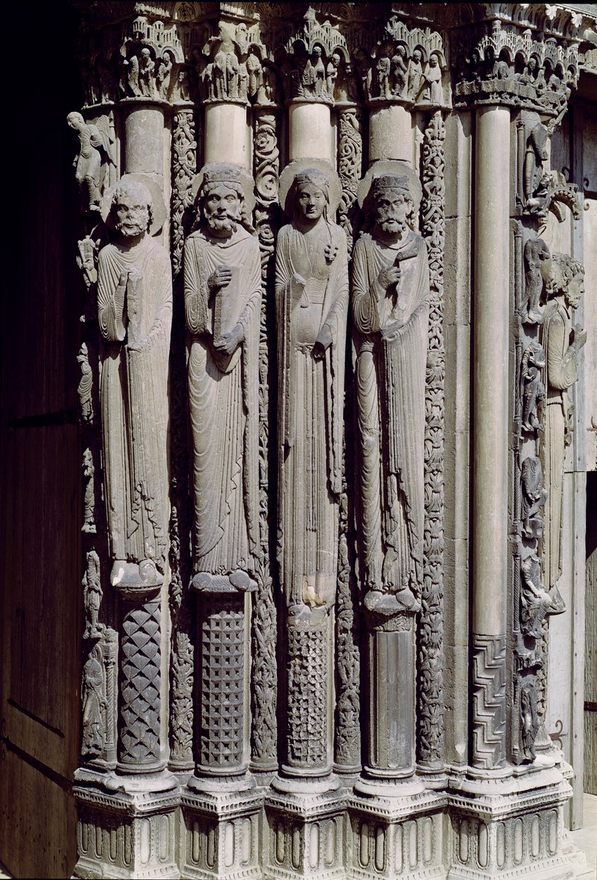 Figura sconosciuta, Re Salomone, la Regina di Saba e Re Davide, figure del portale reale, 1140-55 da French School