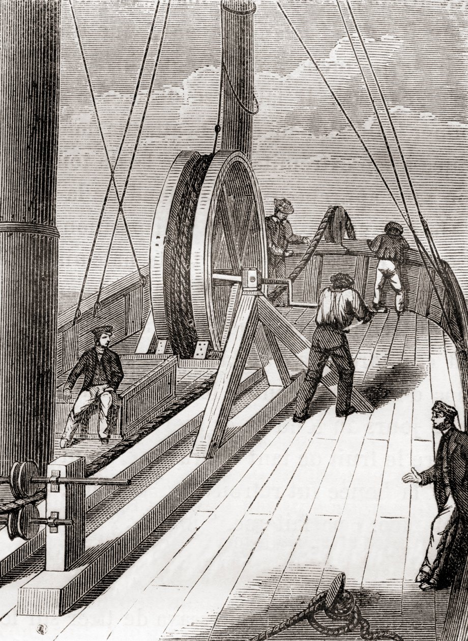 Srotolamento del cavo sottomarino da Dover a Calais a bordo del Blazer, 25 dicembre 1851, da Les Merveilles de la Science, pubblicato c.1870 (incisione) da French School