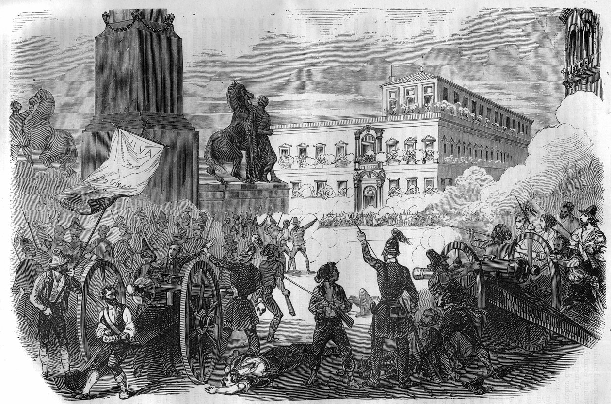 Rivolta a Bologna: rovesciamento del governo pontificio sotto Gregorio XVI Papa dal 1831 al 1846. Incisione in 