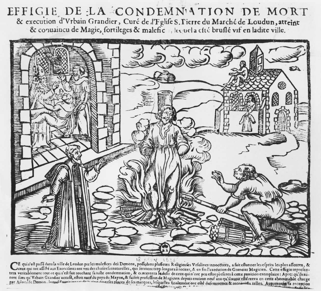Urbain Grandier bruciato sul rogo dopo gli eventi della possessione di Loudun, 1634 da French School