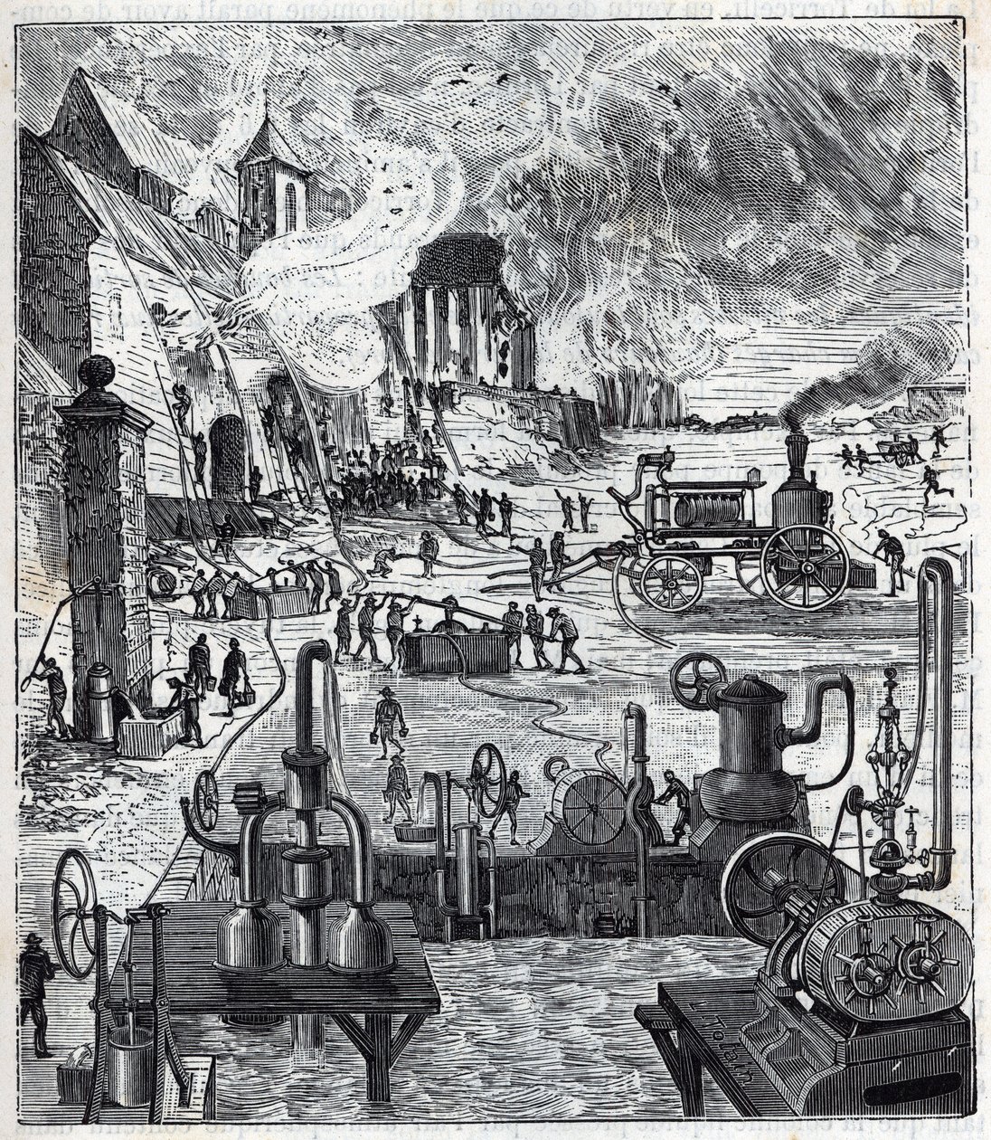 Uso di vari sistemi di pompe in un incendio nel XIX secolo - Incisione in "Scienze portate alla portata di tutti - fisica e chimica" di Alexis Clerc - Fine del XIX secolo. Collezione privata. da French School