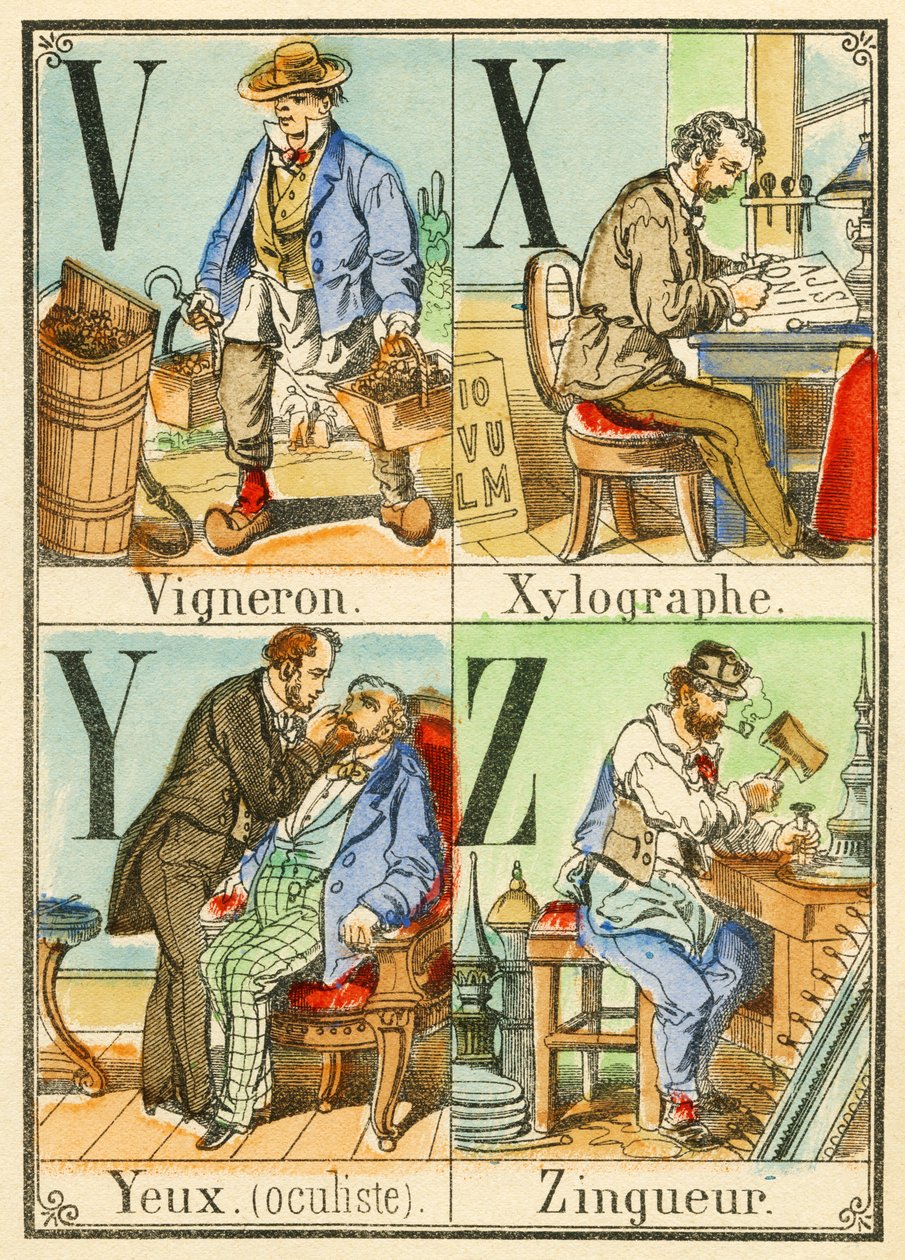 V X Y Z: vinificatore, xilografo, occhi (oculista), zincatore da French School