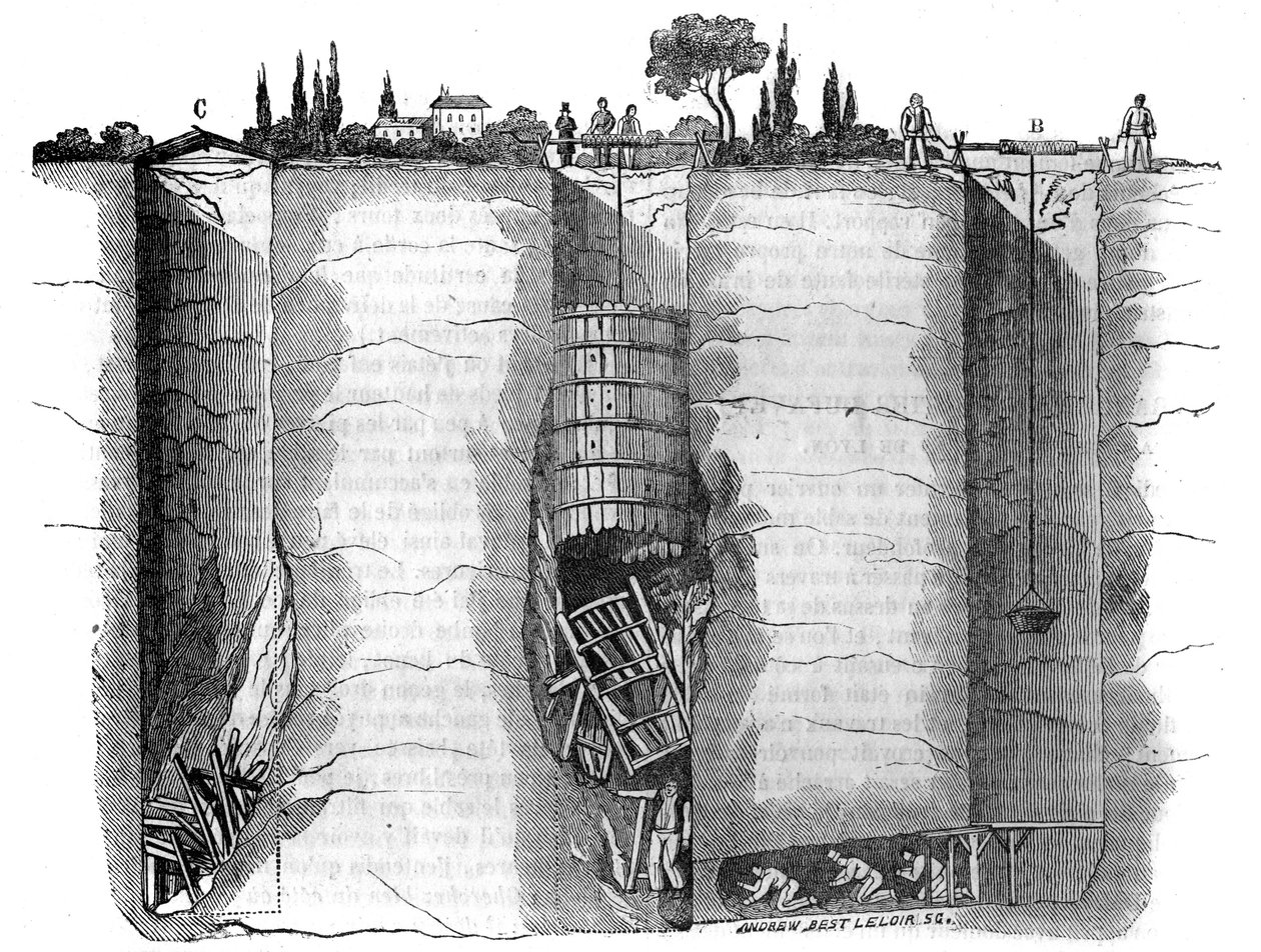 Varie: taglio del pozzo e salvataggio dei pozzi utilizzati per sbloccare un operaio rimasto bloccato dopo una frana per diversi giorni, Champvert, vicino a Lione. In "Le magasin pittoresque" 1836 da French School