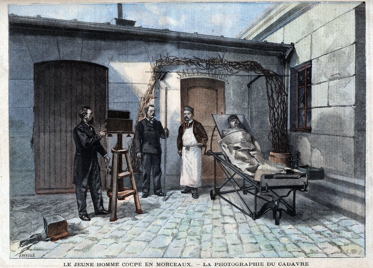 Varie: la fotografia del cadavere fatto a pezzi dal servizio di Alphonse Bertillon (1853-1914), scienziato francese, creatore dell