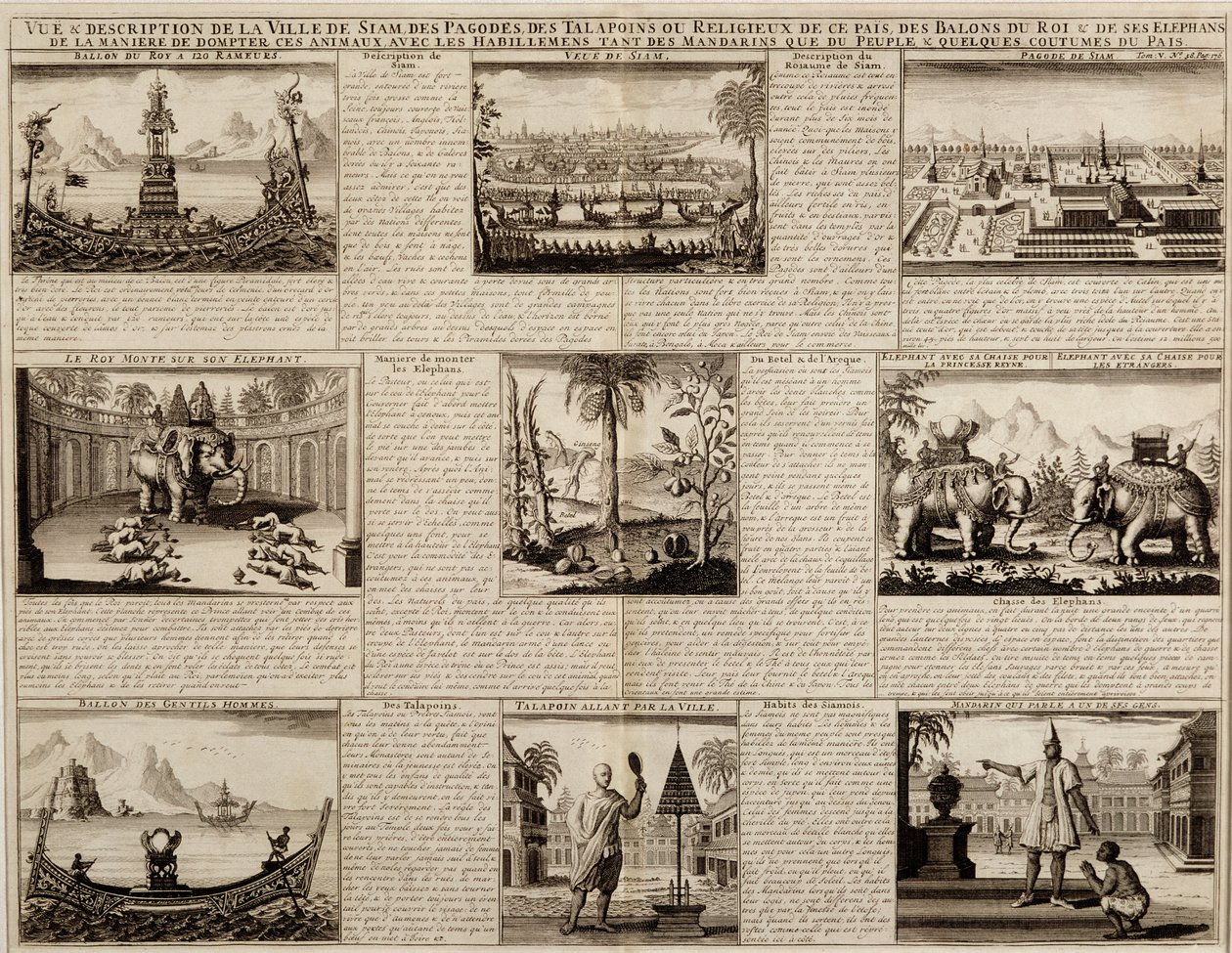Varie vedute di Siam e Ayutthaya, da Du Royaume de Siam di Simon de la Loubere, pubblicato nel 1688 da French School