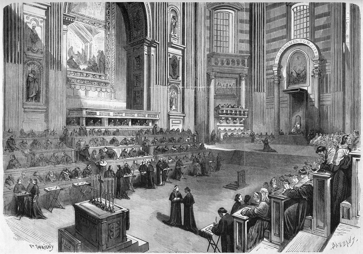 Concilio Vaticano I (1869-1870): Prima riunione tenutasi il 9 dicembre 1869 nella parte destra del transetto della Chiesa di San Pietro a Roma. Incisione in "Le Monde Illustré" n. 663 del 25 dicembre 1869 da French School