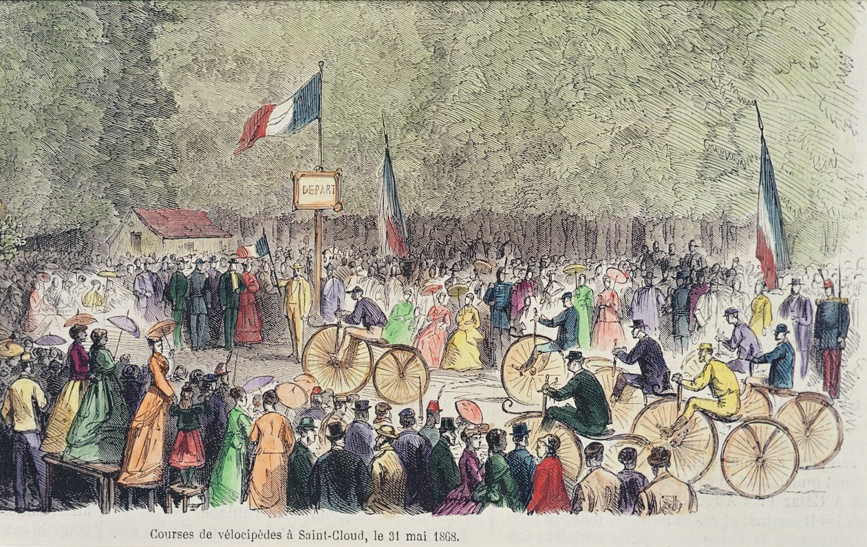 Corsa di velocipedi a Saint-Cloud, 31 maggio 1808 (incisione a colori) da French School